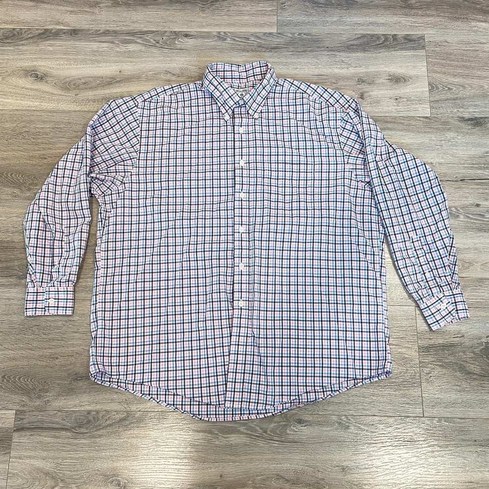 Vintage Brooks Brothers Sport Shirt Size XL Blue Pink Gingham Check Hong Kong